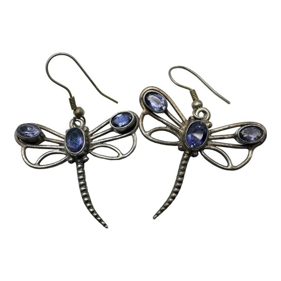 Vintage Dragonfly Earrings Dangle Drop With Amethyst Stones 925 Sterling Silver - Picture 2 of 7